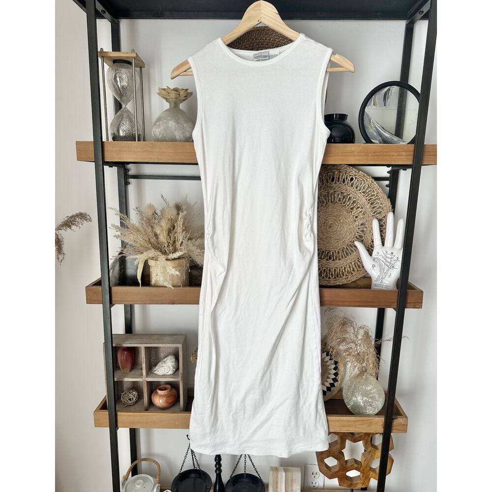 Vintage 90’s Newport News Size Medium 100% Cotton Ruched White Midi Dress - Picture 2 of 4